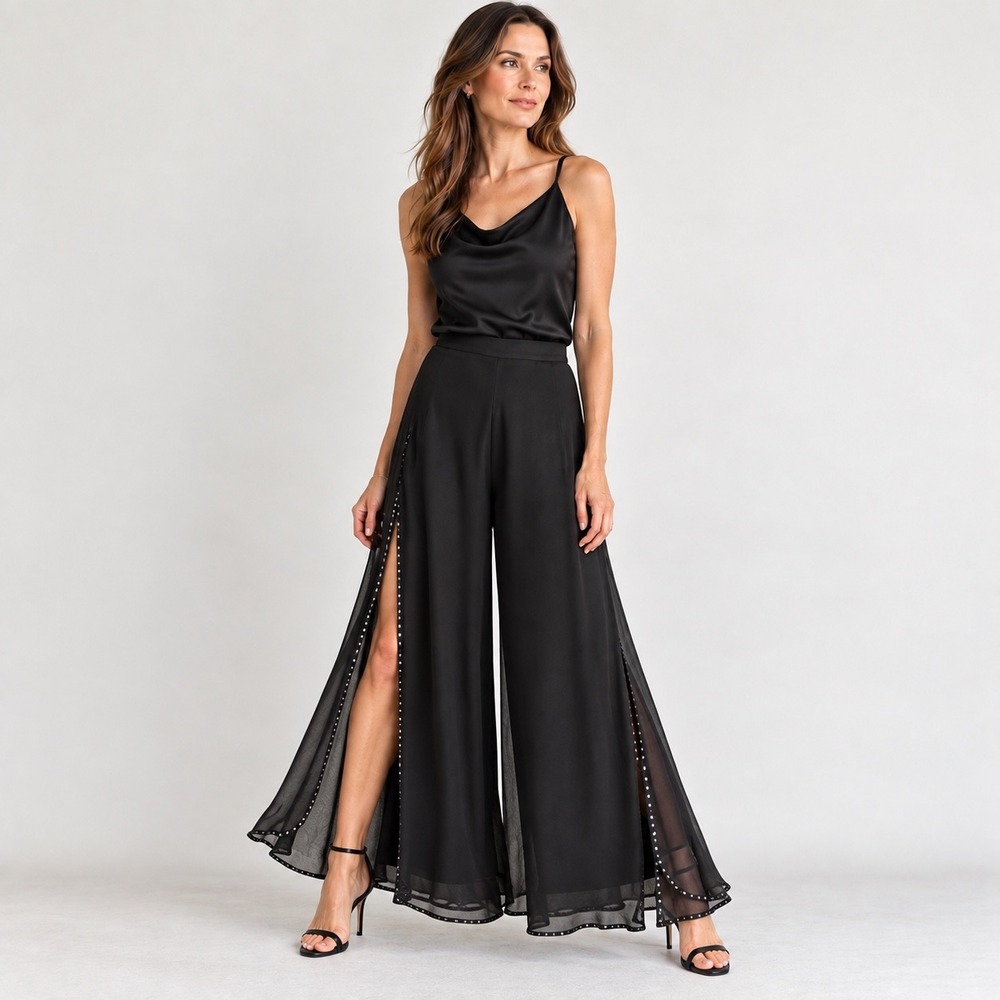 St John Evening Marie Gray Silk Chiffon Palazzo Pants 10 Black Sequin Wide Leg